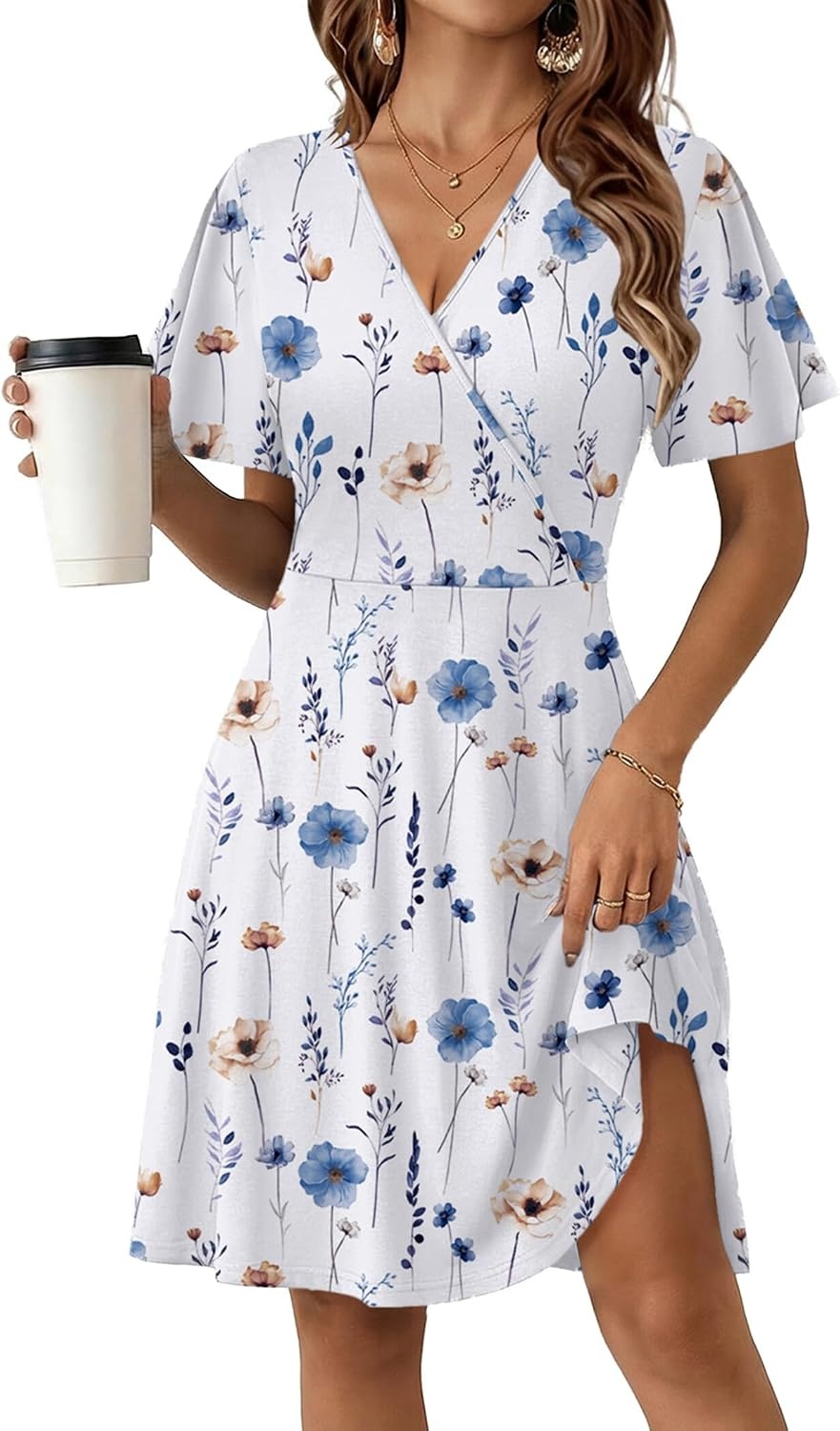 image:imageZeagoo Womens Summer Dresses Wrap V Neck Dress Floral ALine Ruffle Sleeve Casual Sundress with Pockets 2026White Floral
