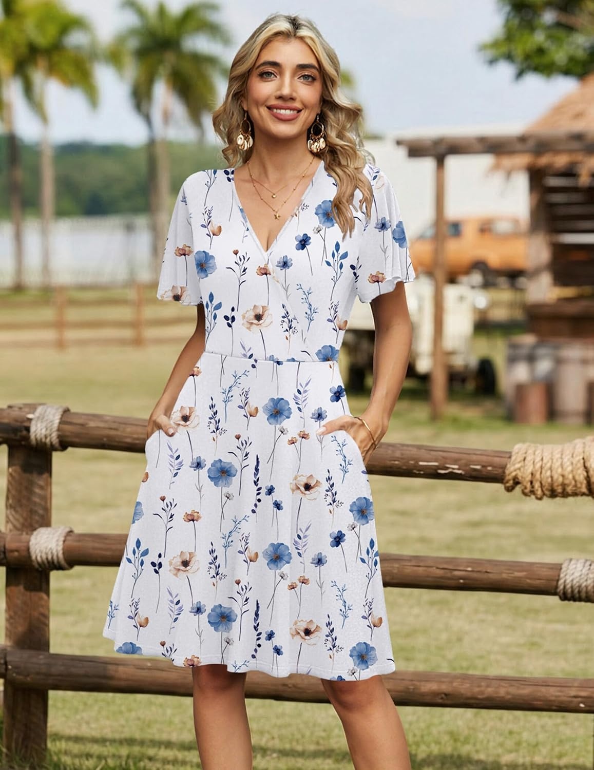 image:imageZeagoo Womens Summer Dresses Wrap V Neck Dress Floral ALine Ruffle Sleeve Casual Sundress with Pockets 2026White Floral
