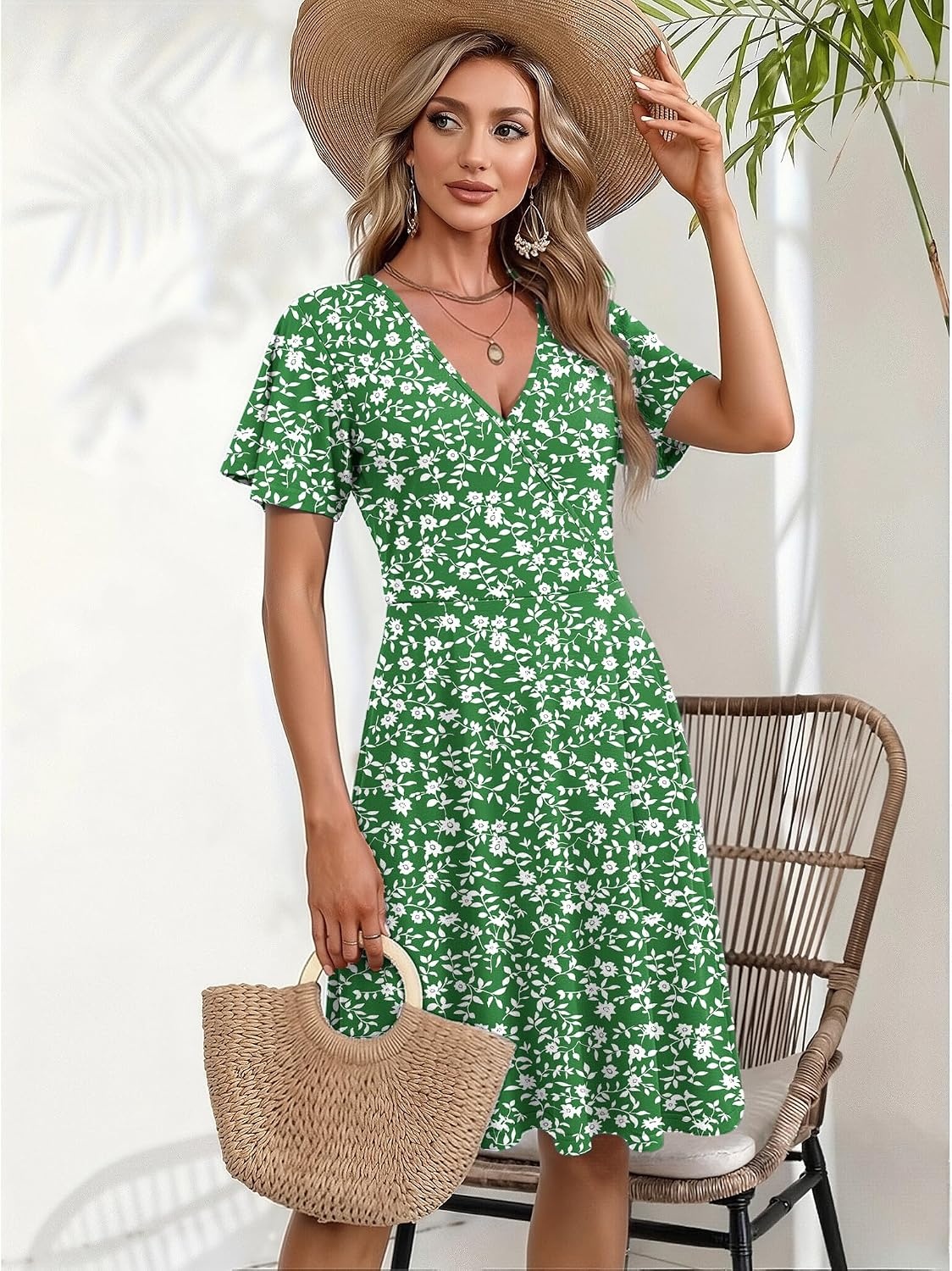 image:imageZeagoo Womens Summer Dresses Wrap V Neck Dress Floral ALine Ruffle Sleeve Casual Sundress with Pockets 2026Xh15