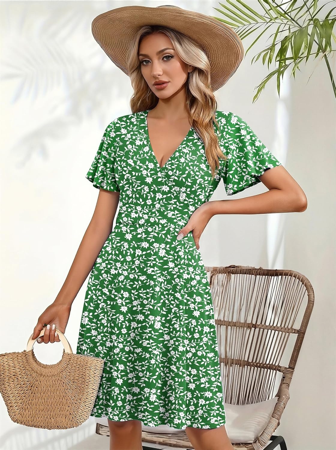image:imageZeagoo Womens Summer Dresses Wrap V Neck Dress Floral ALine Ruffle Sleeve Casual Sundress with Pockets 2026Xh15