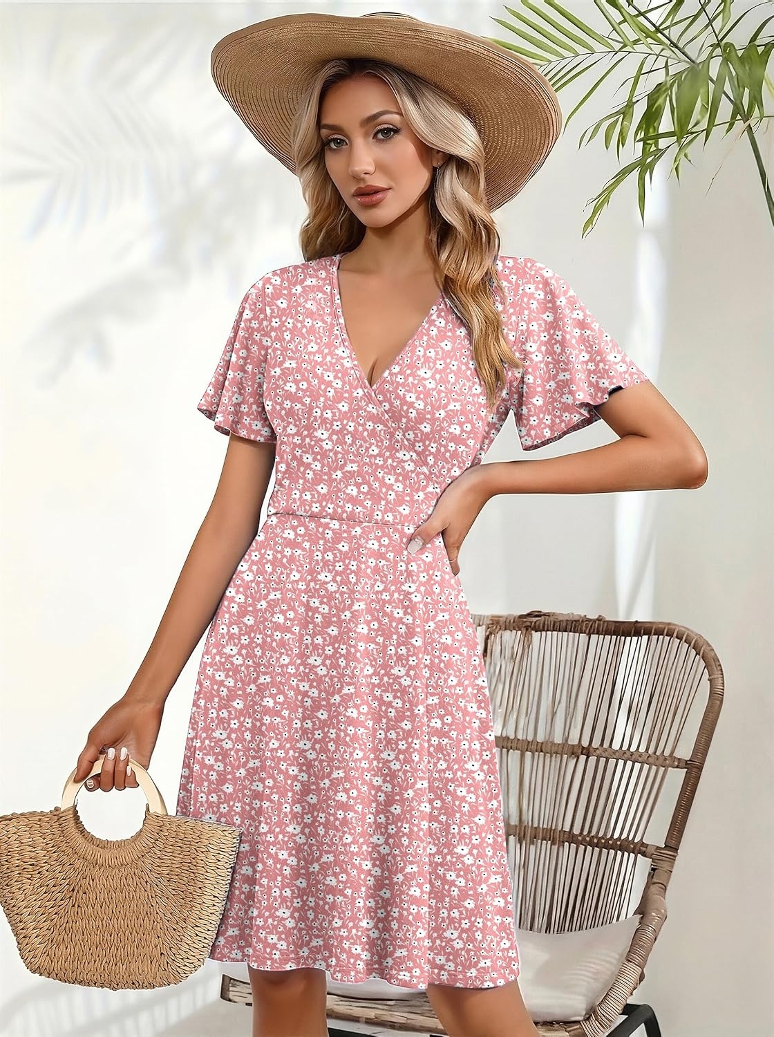 image:imageZeagoo Womens Summer Dresses Wrap V Neck Dress Floral ALine Ruffle Sleeve Casual Sundress with Pockets 2026Xh259
