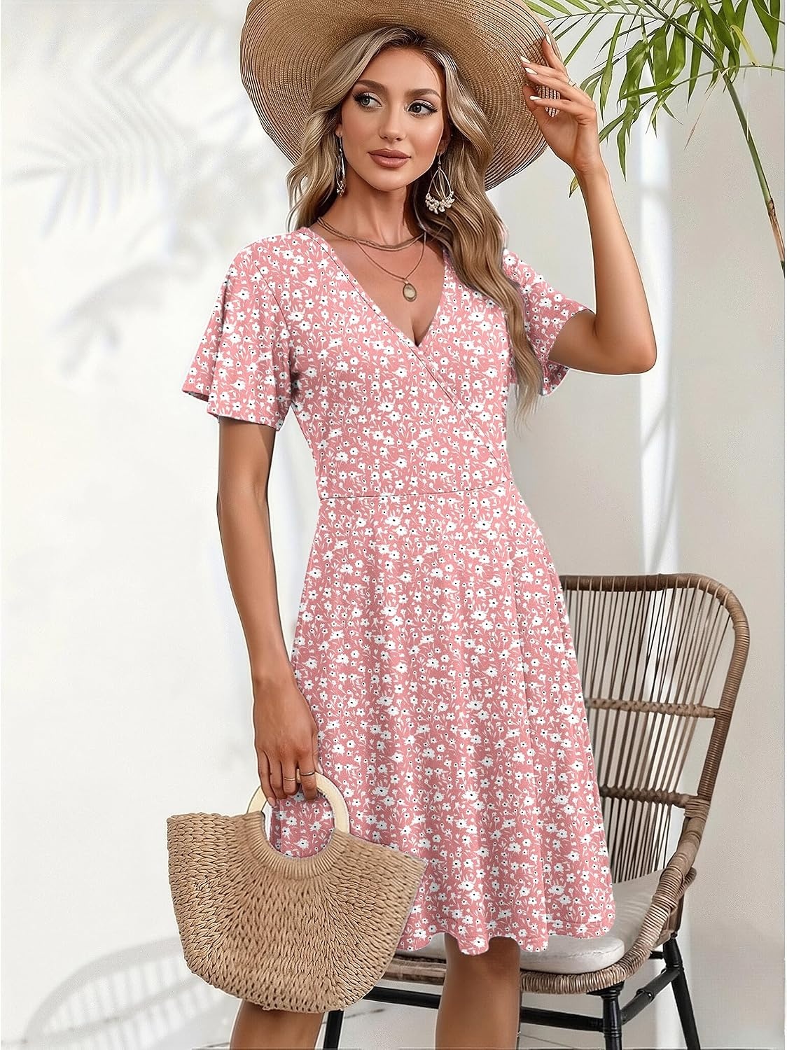 image:imageZeagoo Womens Summer Dresses Wrap V Neck Dress Floral ALine Ruffle Sleeve Casual Sundress with Pockets 2026Xh259