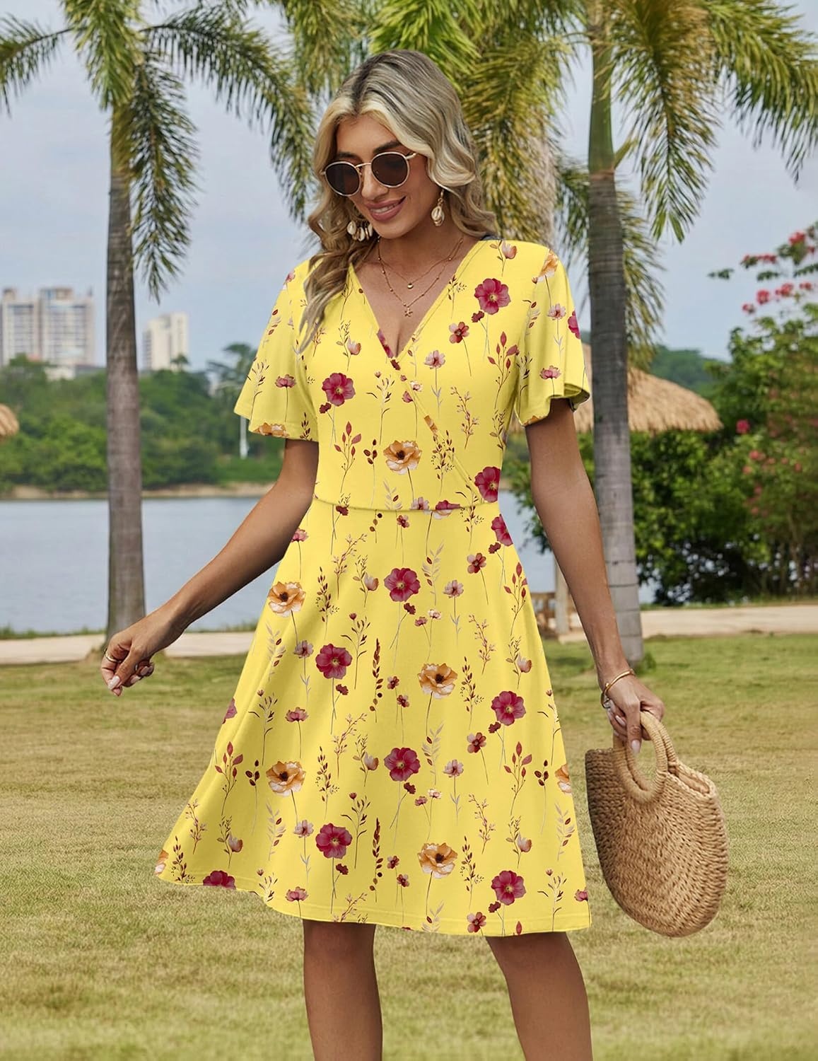 image:imageZeagoo Womens Summer Dresses Wrap V Neck Dress Floral ALine Ruffle Sleeve Casual Sundress with Pockets 2026Yellow Floral 1