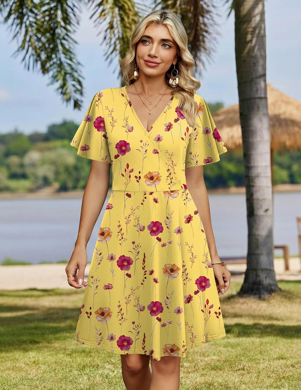 image:imageZeagoo Womens Summer Dresses Wrap V Neck Dress Floral ALine Ruffle Sleeve Casual Sundress with Pockets 2026Yellow Floral 1