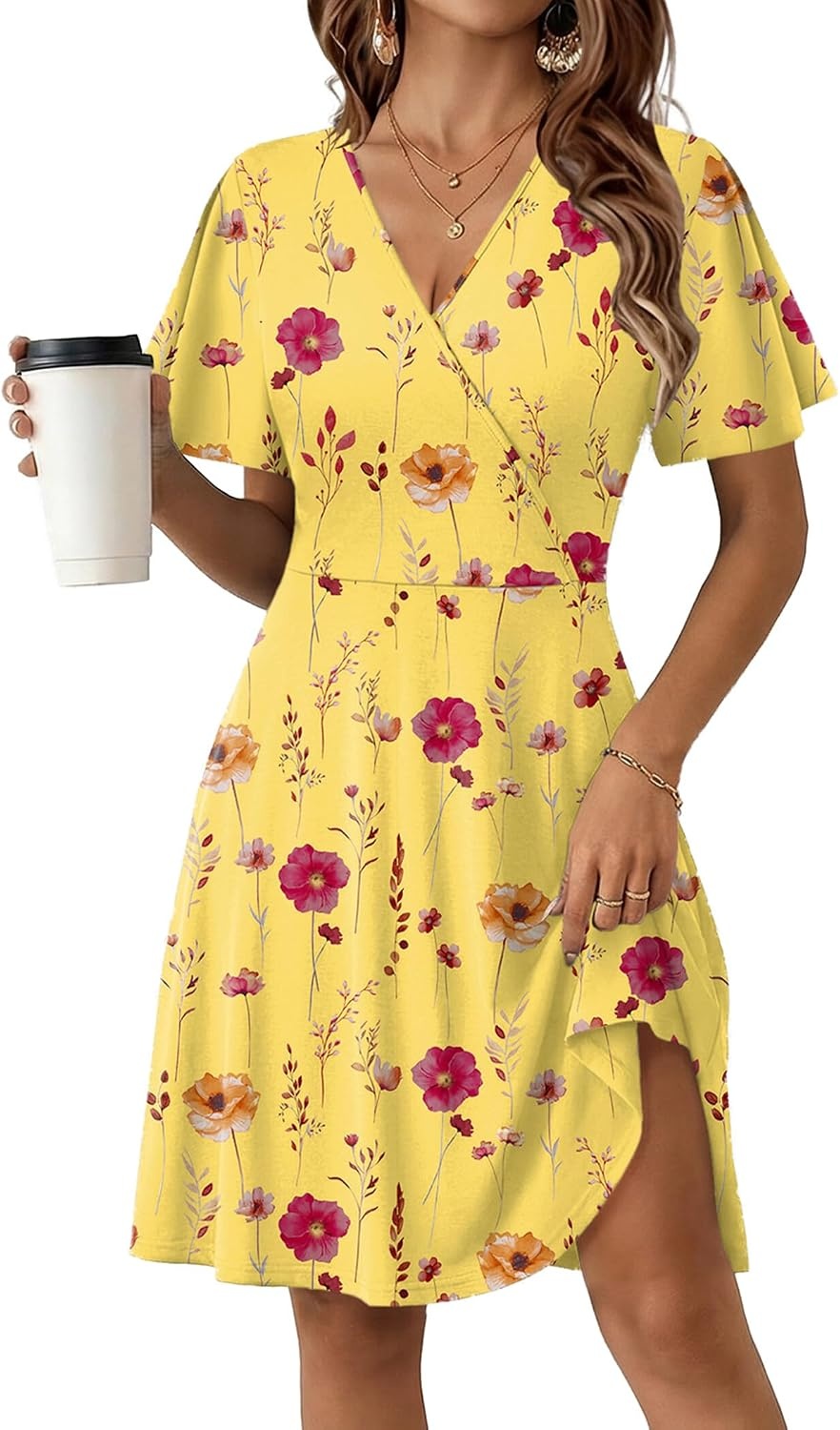 image:imageZeagoo Womens Summer Dresses Wrap V Neck Dress Floral ALine Ruffle Sleeve Casual Sundress with Pockets 2026Yellow Floral 1