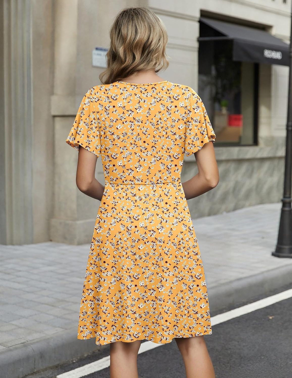 image:imageZeagoo Womens Summer Dresses Wrap V Neck Dress Floral ALine Ruffle Sleeve Casual Sundress with Pockets 2026Yellow Floral 2