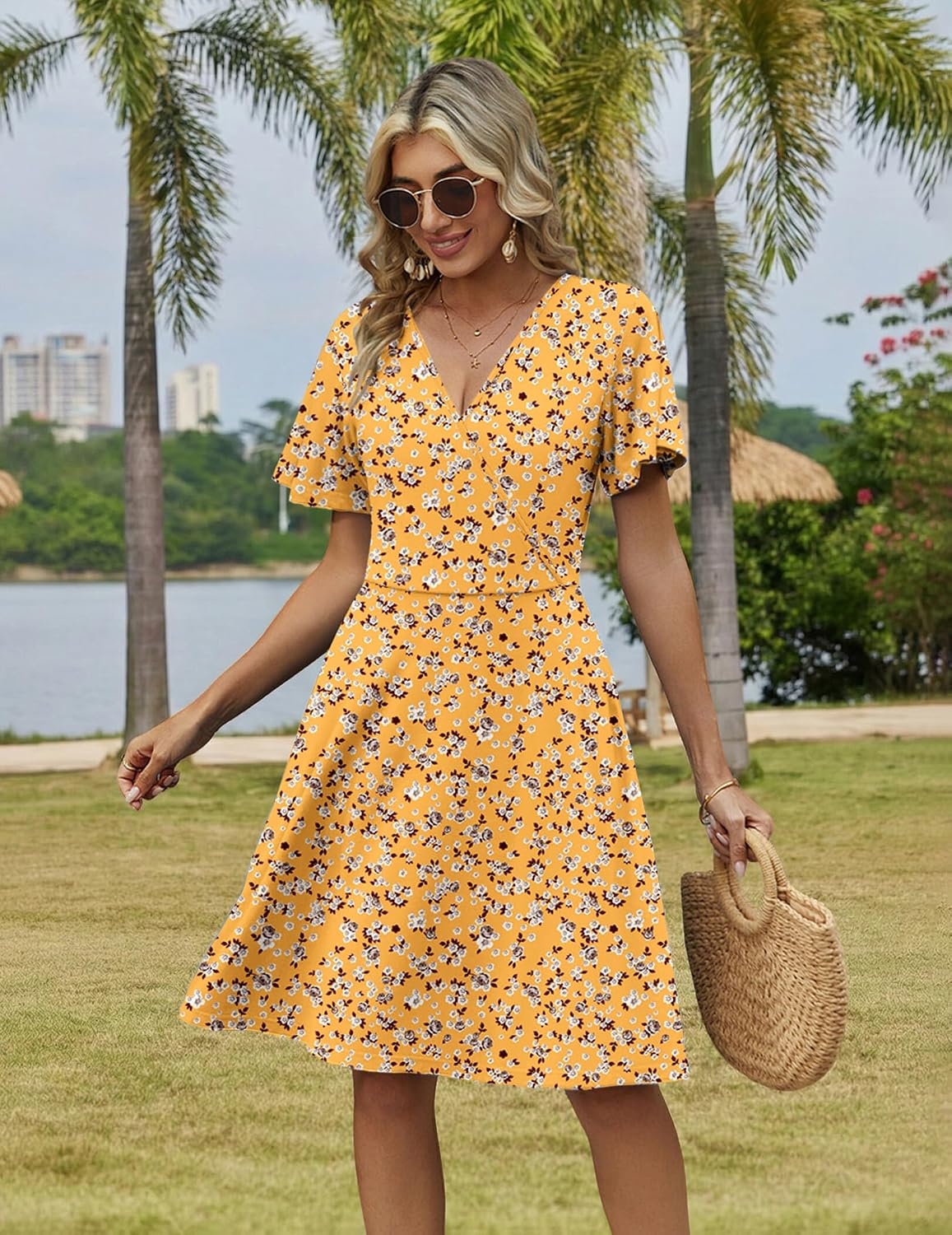 image:imageZeagoo Womens Summer Dresses Wrap V Neck Dress Floral ALine Ruffle Sleeve Casual Sundress with Pockets 2026Yellow Floral 2