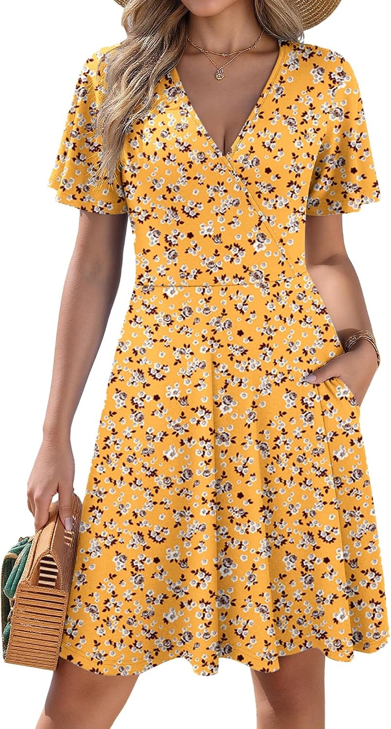 image:imageZeagoo Womens Summer Dresses Wrap V Neck Dress Floral ALine Ruffle Sleeve Casual Sundress with Pockets 2026Yellow Floral 2
