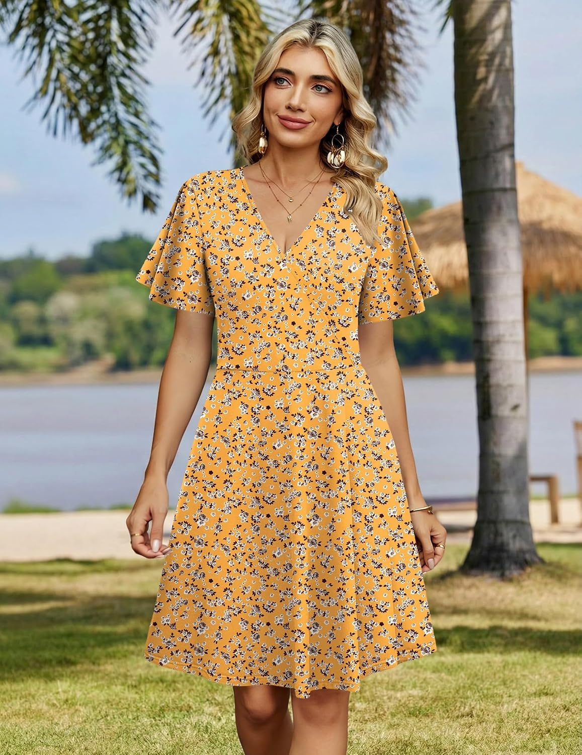 image:imageZeagoo Womens Summer Dresses Wrap V Neck Dress Floral ALine Ruffle Sleeve Casual Sundress with Pockets 2026Yellow Floral 2