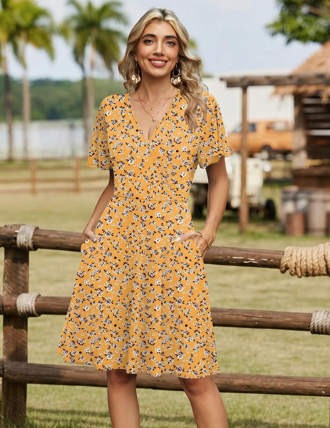image:imageZeagoo Womens Summer Dresses Wrap V Neck Dress Floral ALine Ruffle Sleeve Casual Sundress with Pockets 2026Yellow Floral 2