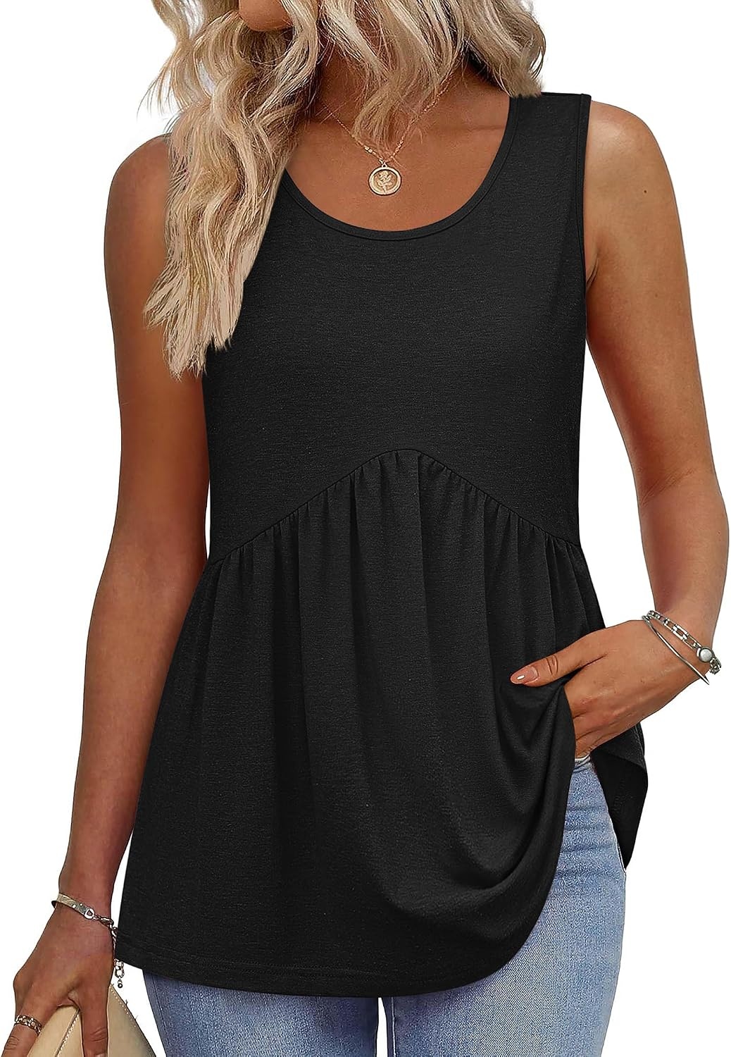 image:imageZeagoo Womens Summer Sleeveless Tank Tops Crew Neck Babydoll Casual TopsA Black