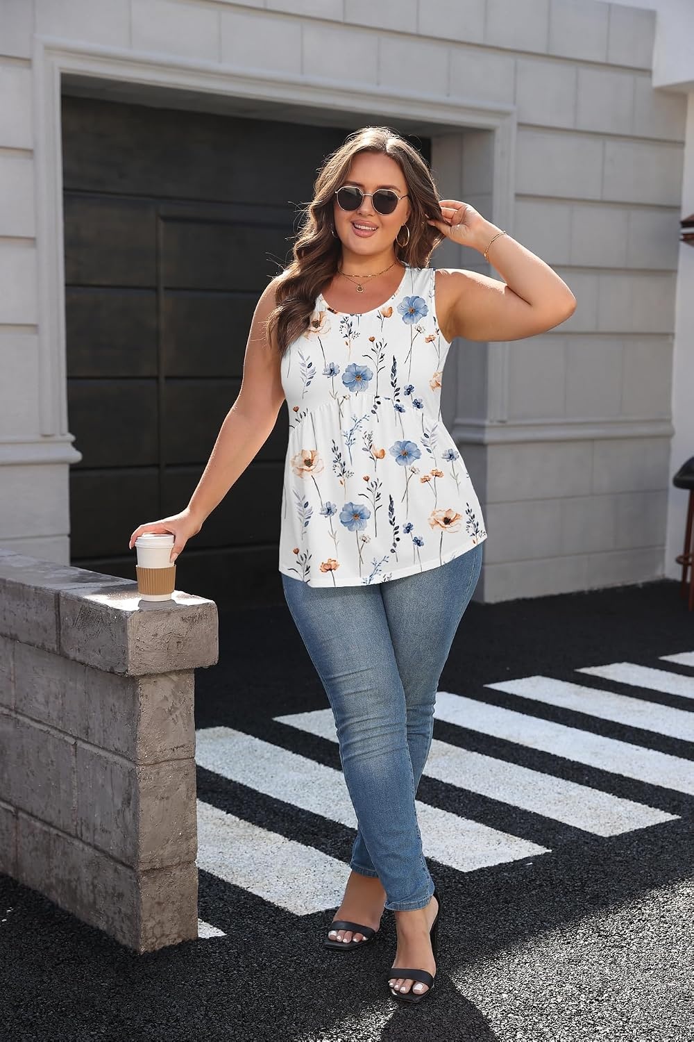 image:imageZeagoo Womens Summer Sleeveless Tank Tops Crew Neck Babydoll Casual TopsA Blue Floral Print