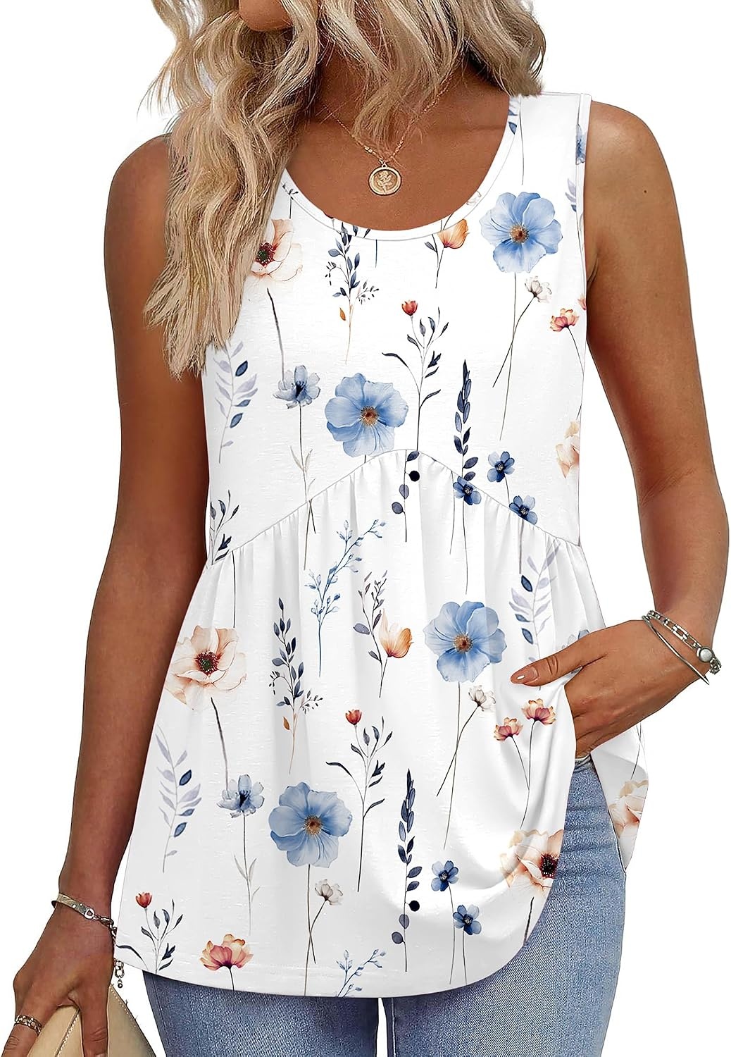 image:imageZeagoo Womens Summer Sleeveless Tank Tops Crew Neck Babydoll Casual TopsA Blue Floral Print