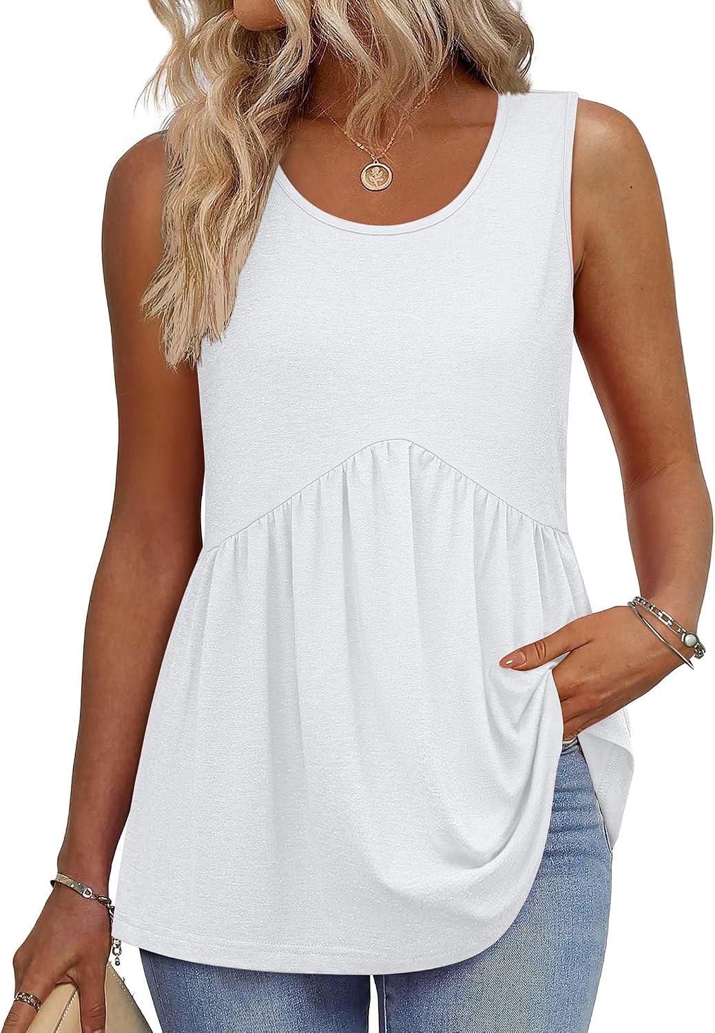 image:imageZeagoo Womens Summer Sleeveless Tank Tops Crew Neck Babydoll Casual TopsA White