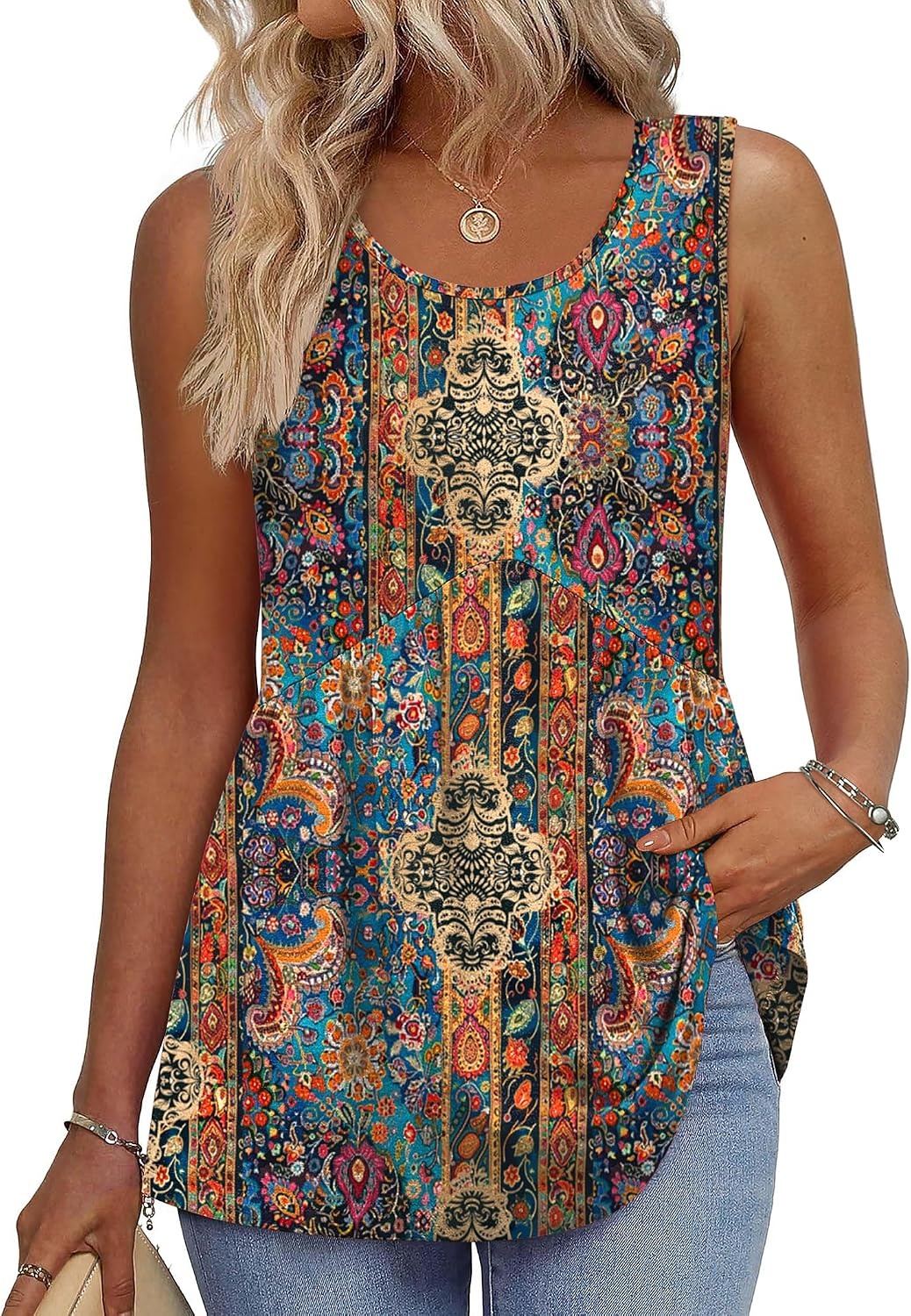 image:imageZeagoo Womens Summer Sleeveless Tank Tops Crew Neck Babydoll Casual TopsAa Paisley Floral Print