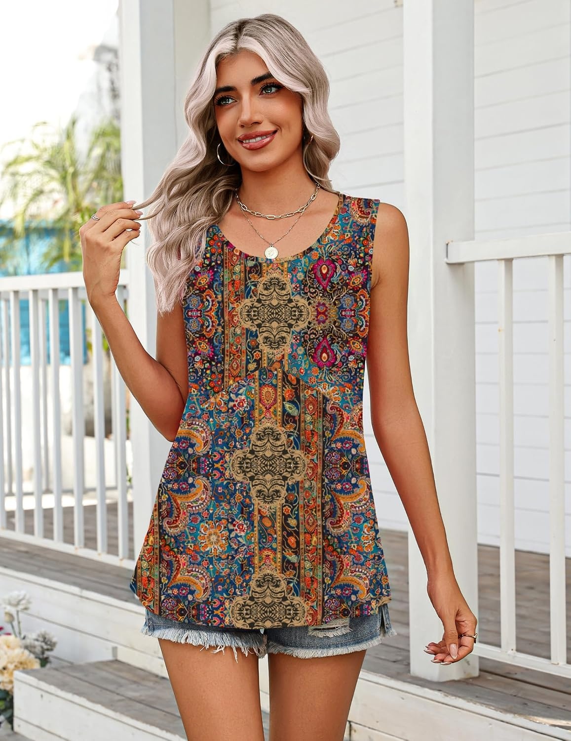 image:imageZeagoo Womens Summer Sleeveless Tank Tops Crew Neck Babydoll Casual TopsAa Paisley Floral Print