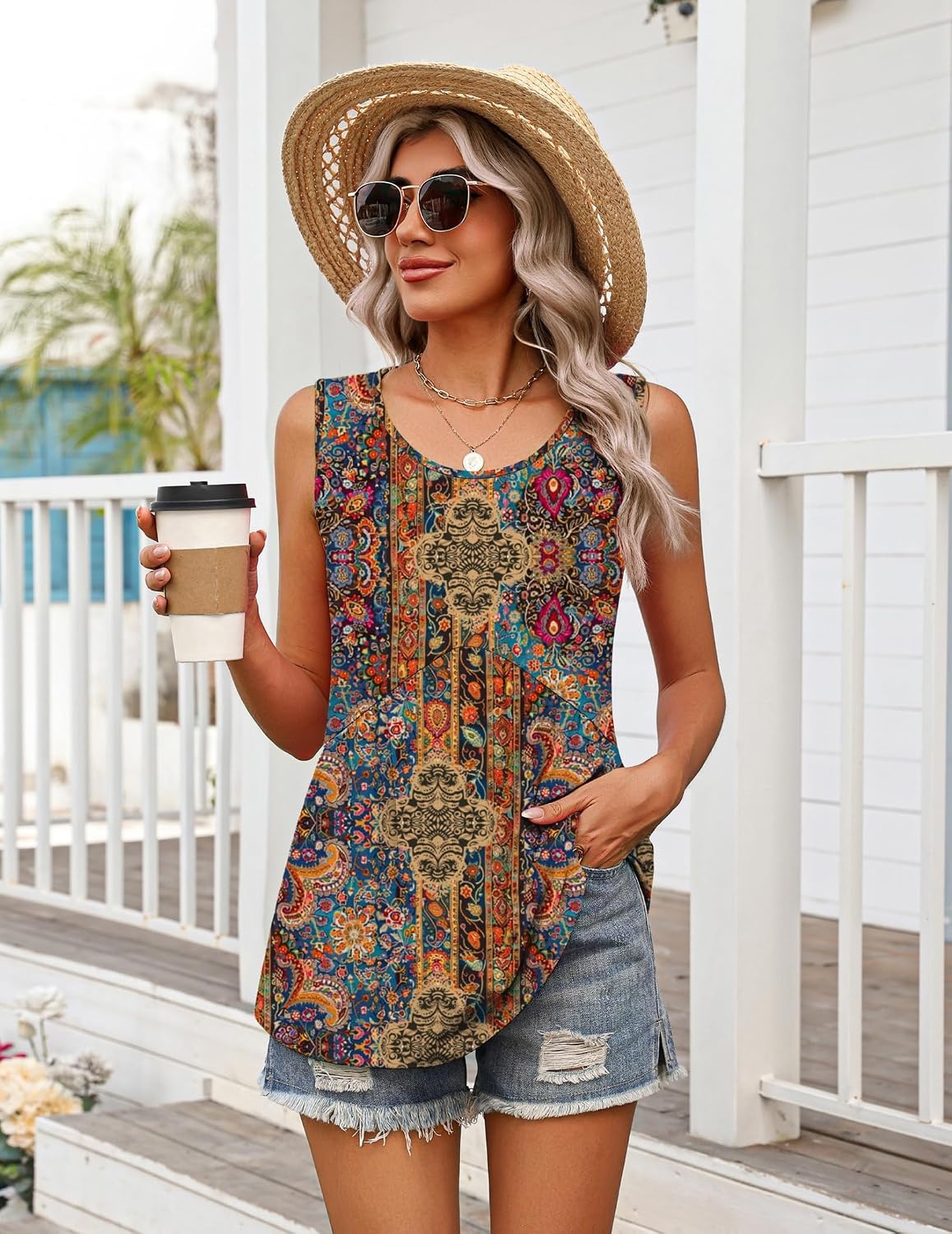 image:imageZeagoo Womens Summer Sleeveless Tank Tops Crew Neck Babydoll Casual TopsAa Paisley Floral Print