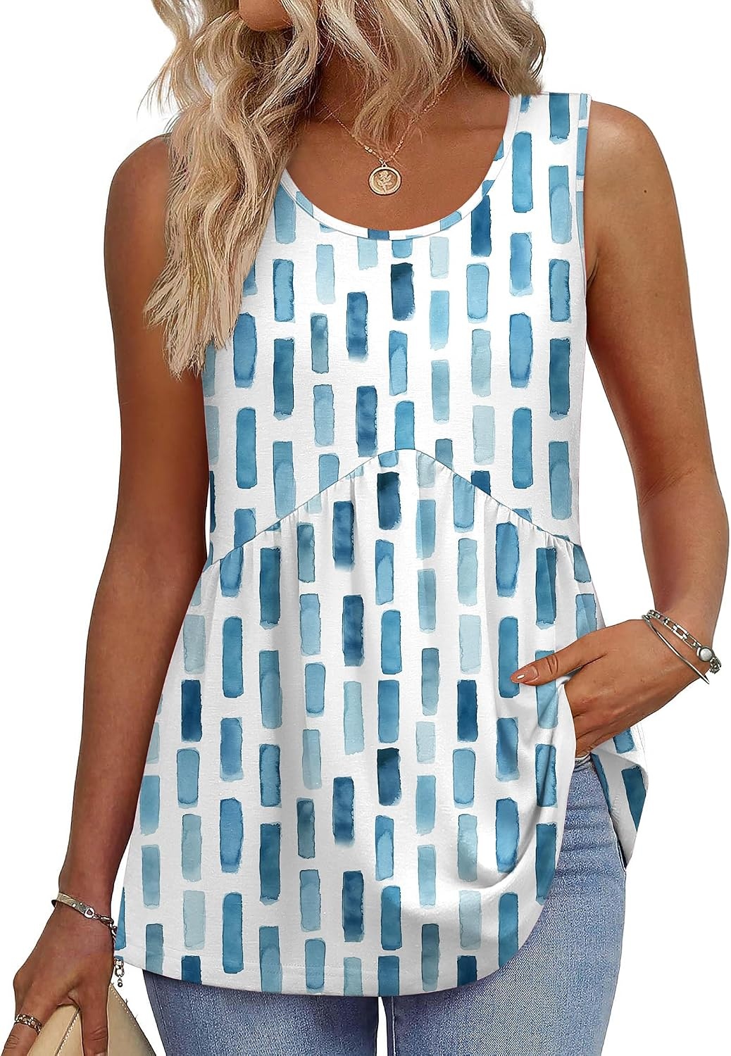 image:imageZeagoo Womens Summer Sleeveless Tank Tops Crew Neck Babydoll Casual TopsBlue Abstract Stripes