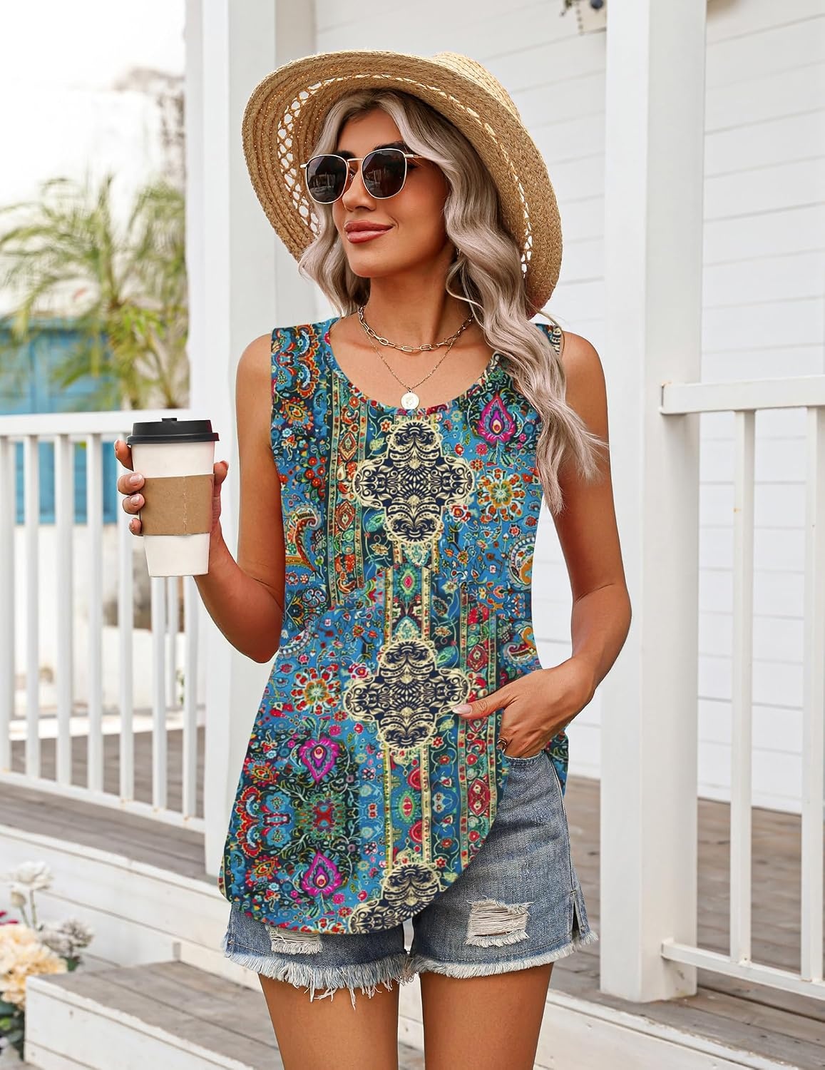 image:imageZeagoo Womens Summer Sleeveless Tank Tops Crew Neck Babydoll Casual TopsBlue Tapestry Paisley