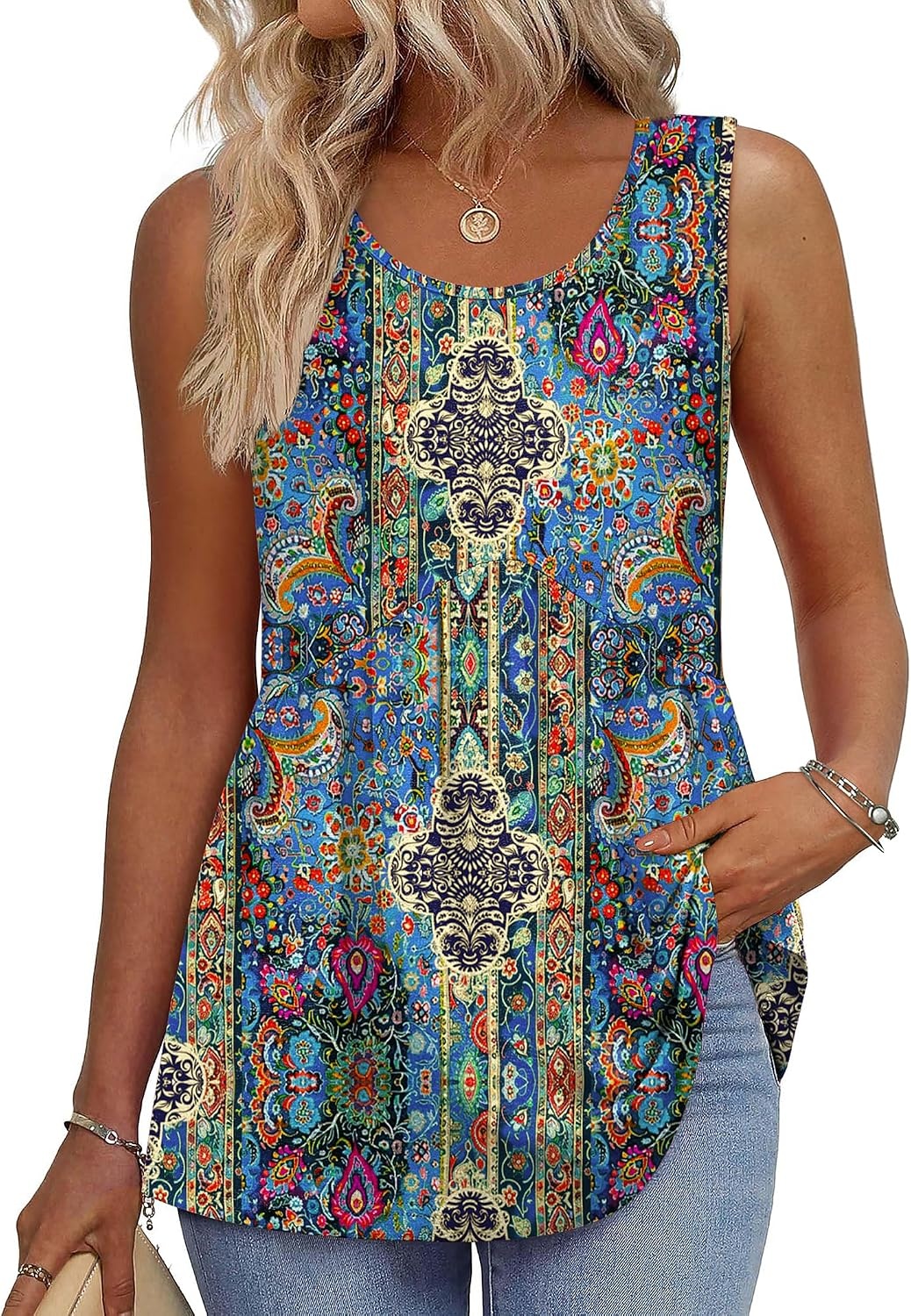 image:imageZeagoo Womens Summer Sleeveless Tank Tops Crew Neck Babydoll Casual TopsBlue Tapestry Paisley