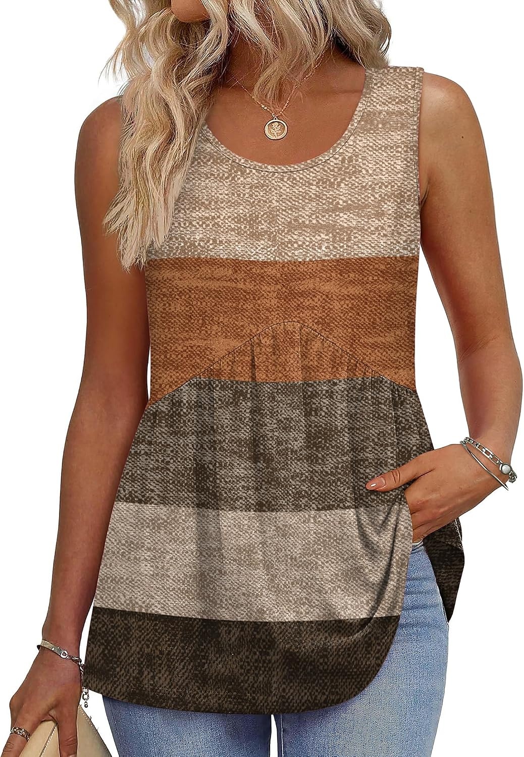 image:imageZeagoo Womens Summer Sleeveless Tank Tops Crew Neck Babydoll Casual TopsBrown Textured Colorblock