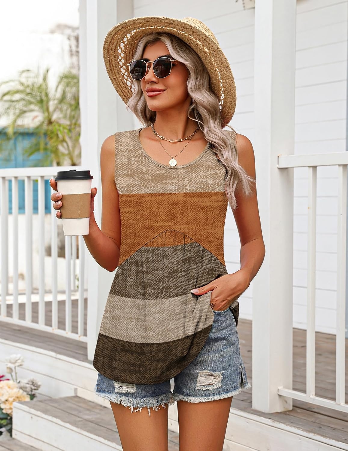 image:imageZeagoo Womens Summer Sleeveless Tank Tops Crew Neck Babydoll Casual TopsBrown Textured Colorblock