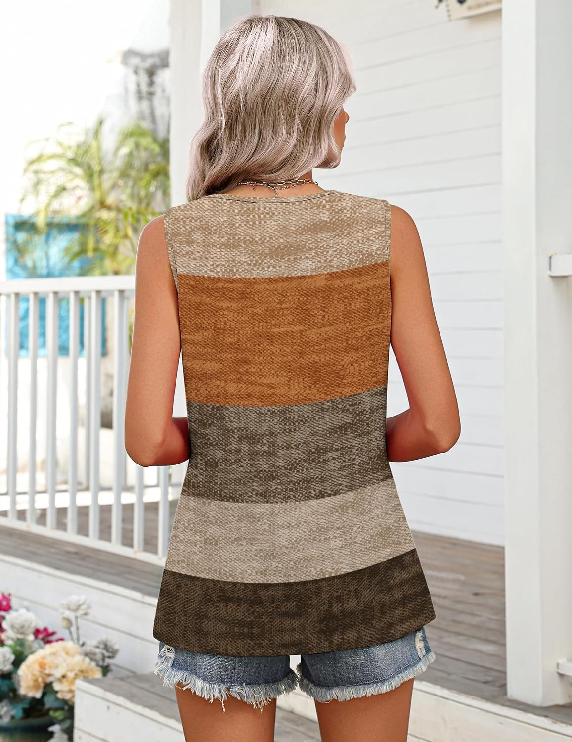 image:imageZeagoo Womens Summer Sleeveless Tank Tops Crew Neck Babydoll Casual TopsBrown Textured Colorblock