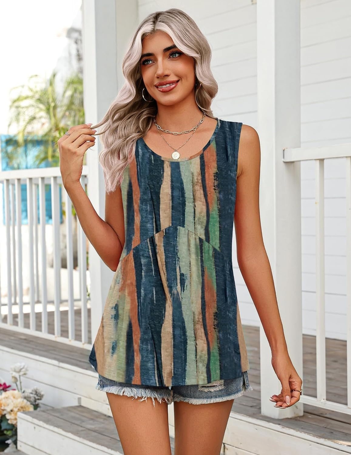 image:imageZeagoo Womens Summer Sleeveless Tank Tops Crew Neck Babydoll Casual TopsBrushstroke Stripe