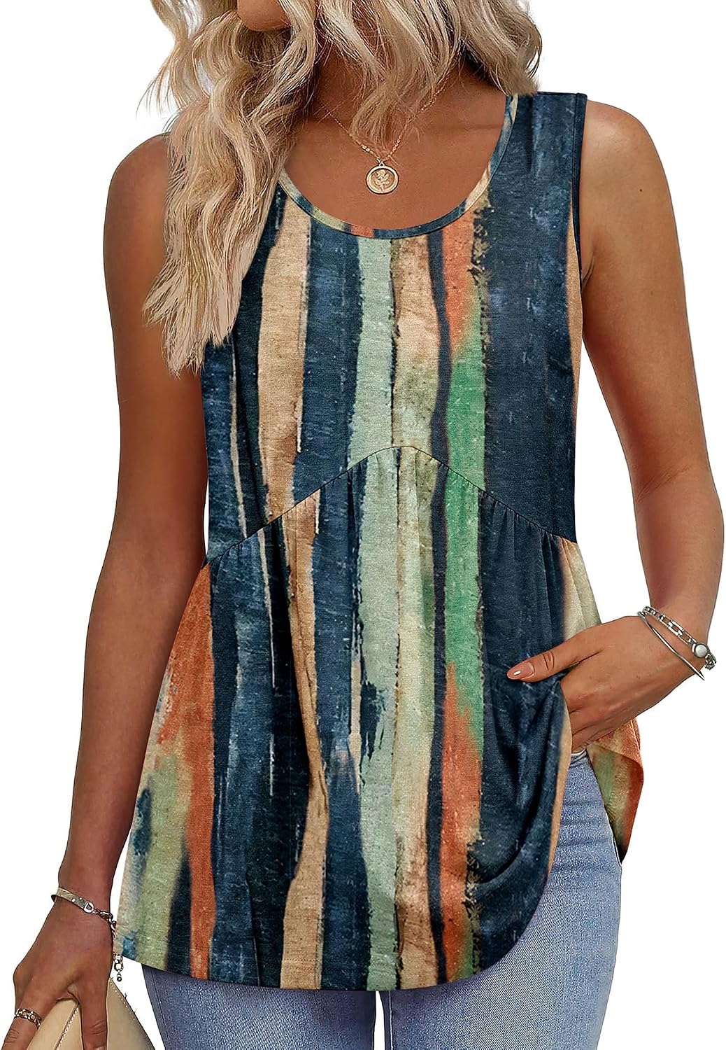 image:imageZeagoo Womens Summer Sleeveless Tank Tops Crew Neck Babydoll Casual TopsBrushstroke Stripe