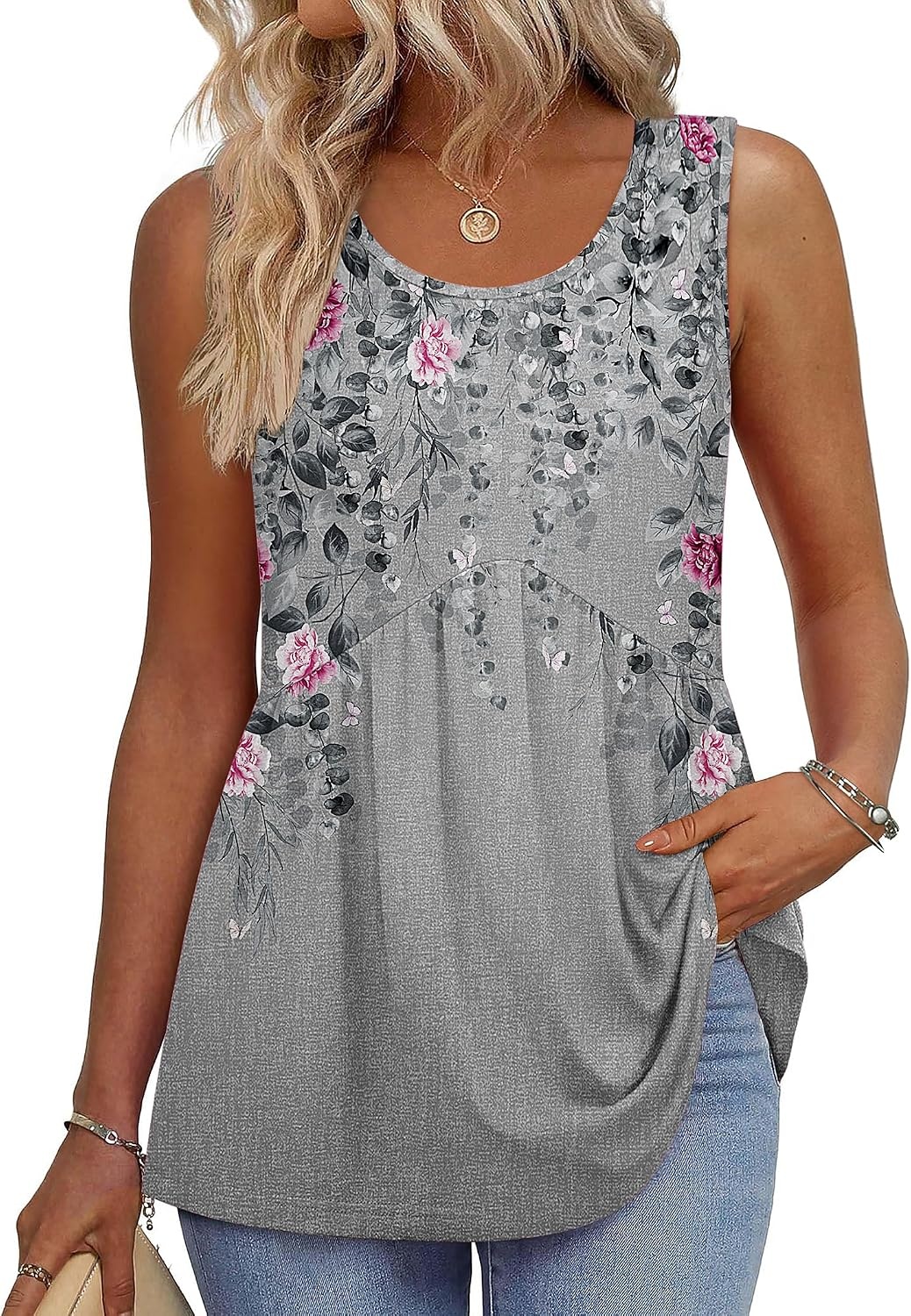 image:imageZeagoo Womens Summer Sleeveless Tank Tops Crew Neck Babydoll Casual TopsGrey Pink Floral