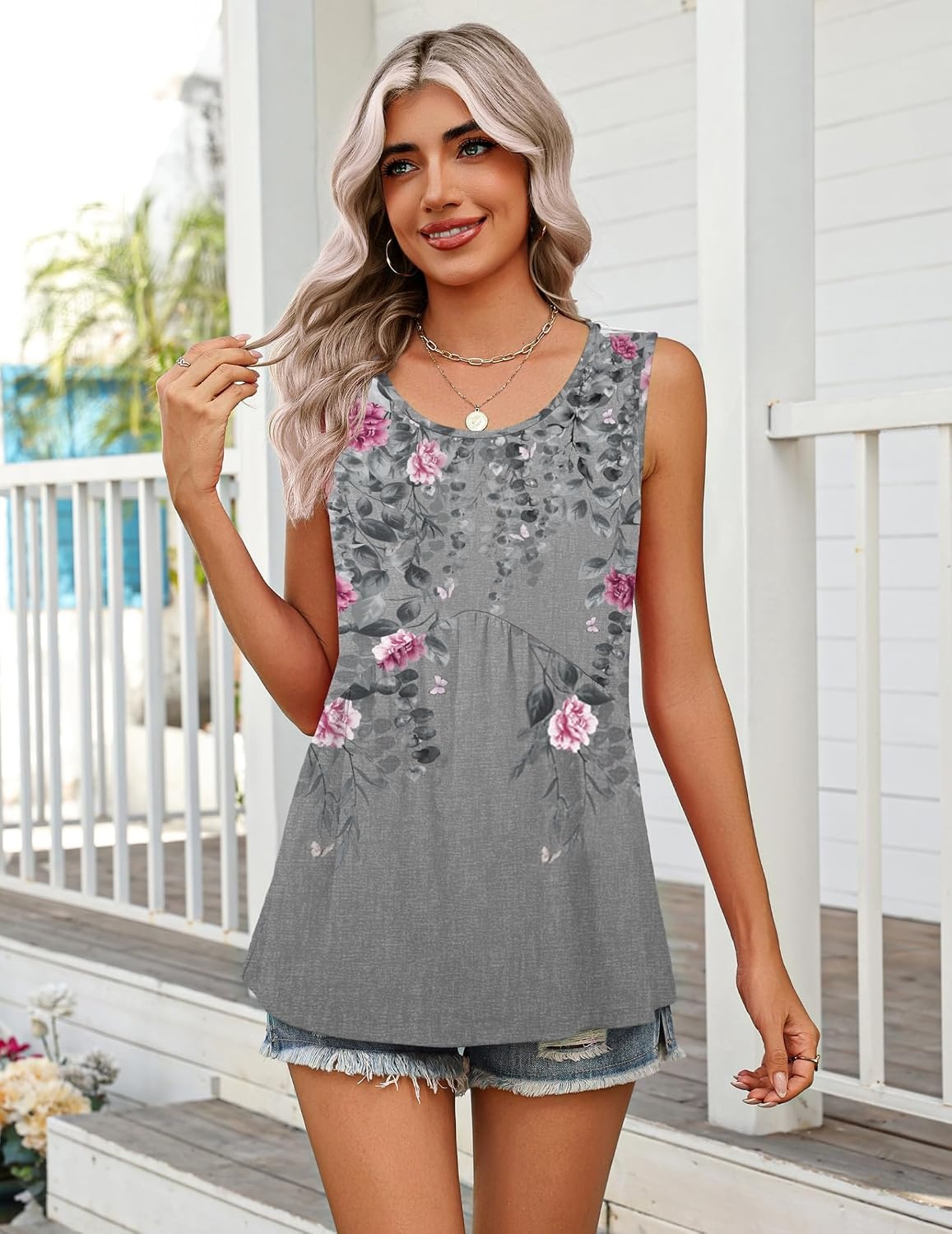 image:imageZeagoo Womens Summer Sleeveless Tank Tops Crew Neck Babydoll Casual TopsGrey Pink Floral