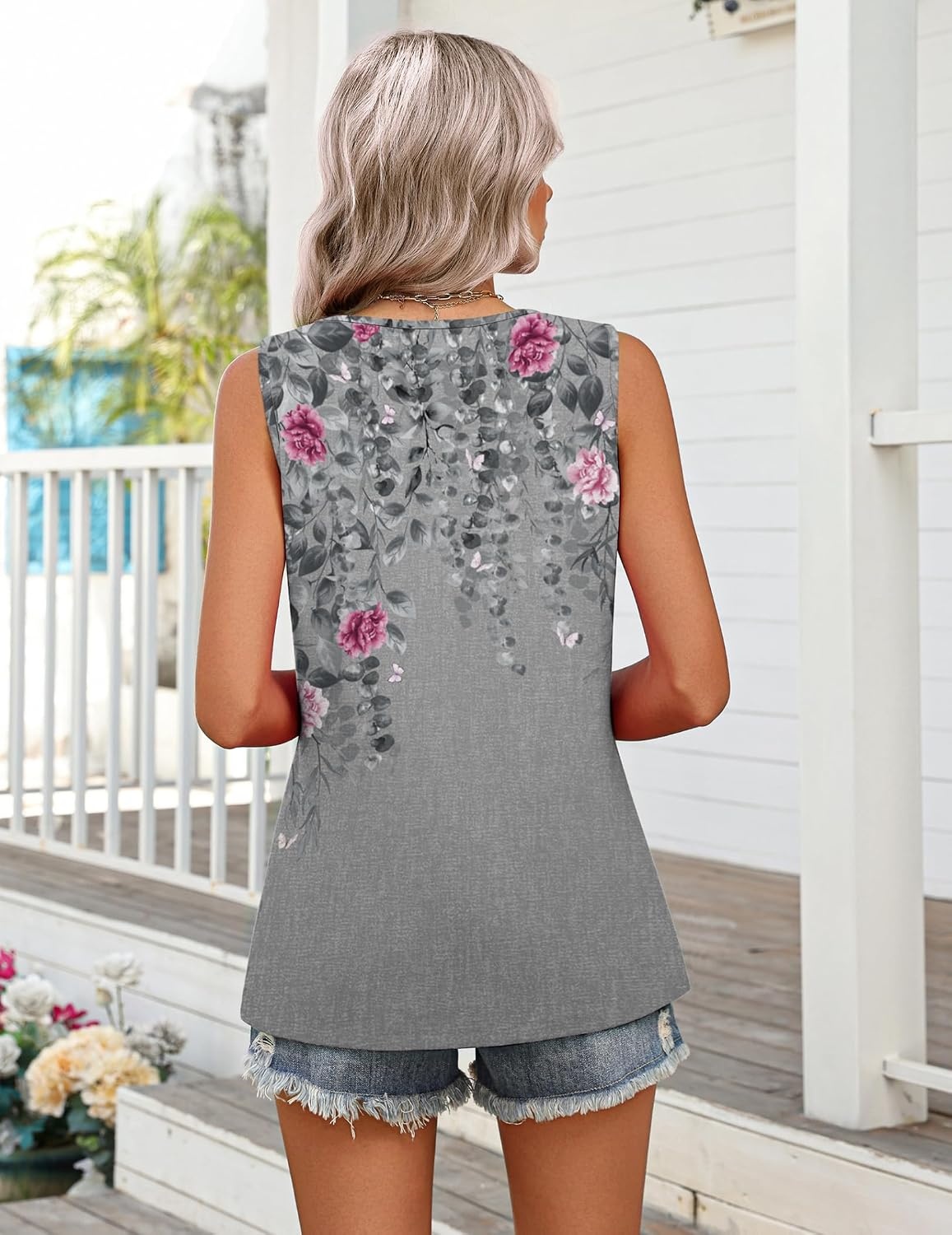 image:imageZeagoo Womens Summer Sleeveless Tank Tops Crew Neck Babydoll Casual TopsGrey Pink Floral