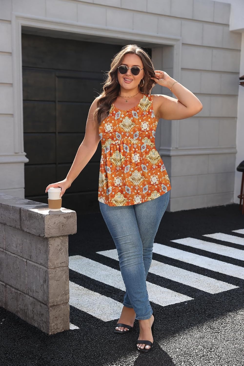 image:imageZeagoo Womens Summer Sleeveless Tank Tops Crew Neck Babydoll Casual TopsOrange Ethnic Print
