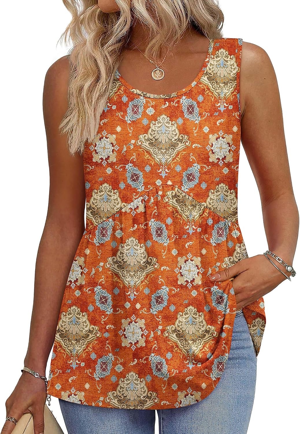 image:imageZeagoo Womens Summer Sleeveless Tank Tops Crew Neck Babydoll Casual TopsOrange Ethnic Print