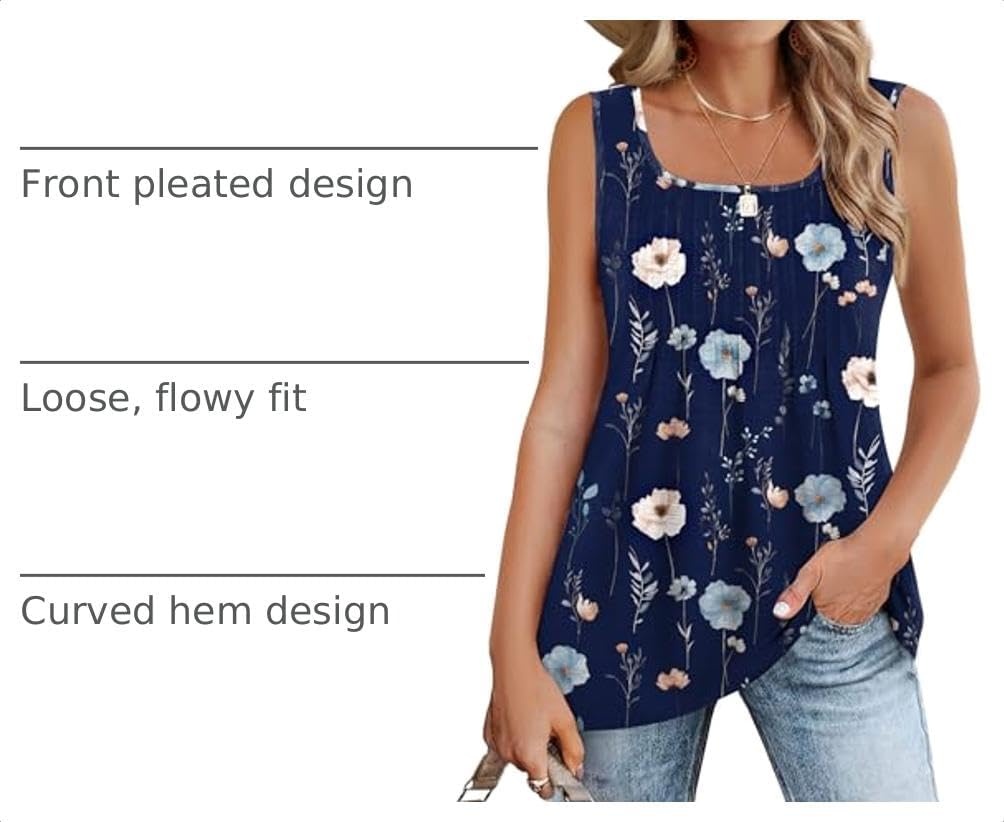 image:imageZeagoo Womens Summer Tank Tops Pleated Square Neck Flowy Tunic TopBf318