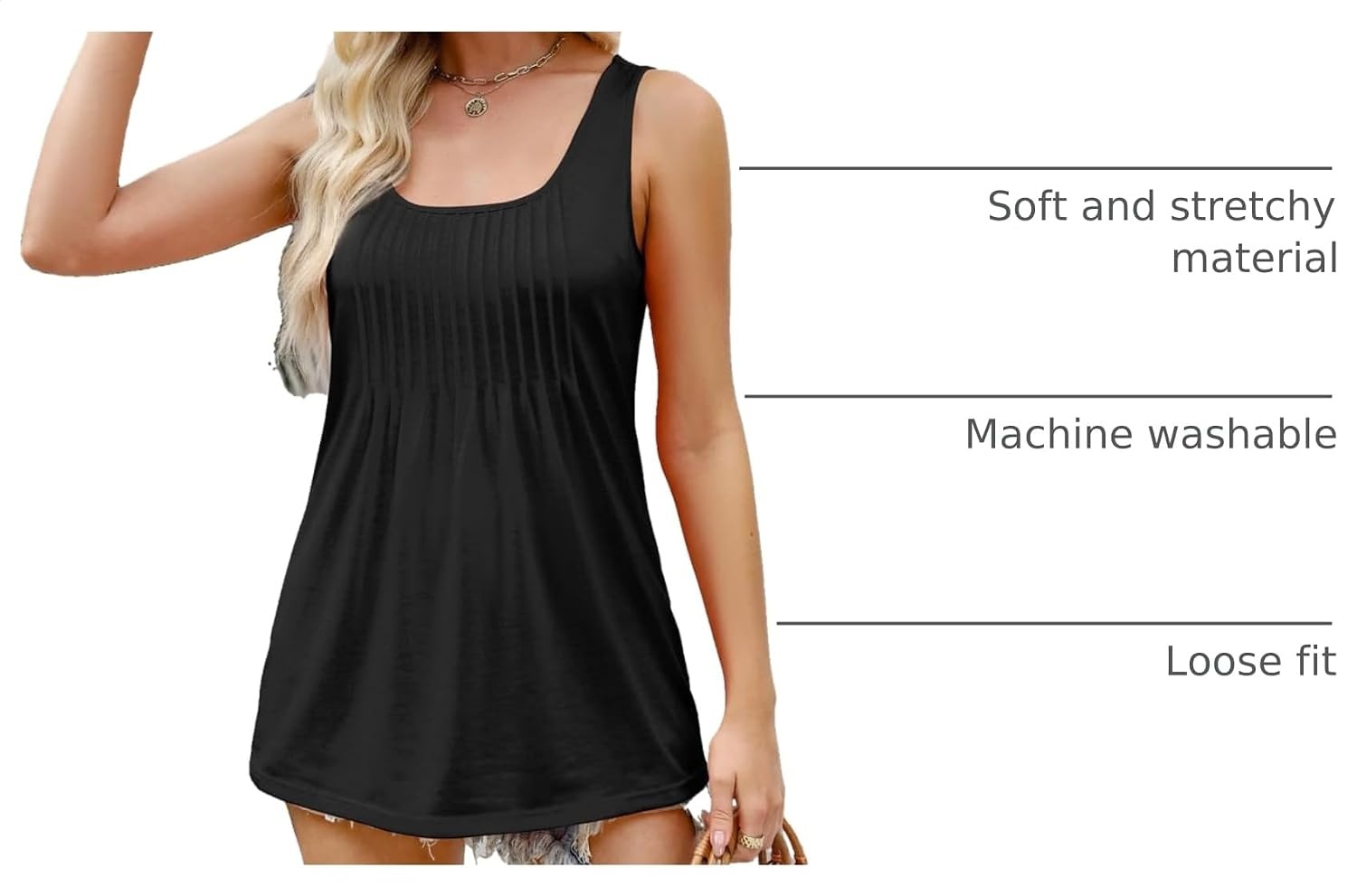 image:imageZeagoo Womens Summer Tank Tops Pleated Square Neck Flowy Tunic TopBlack