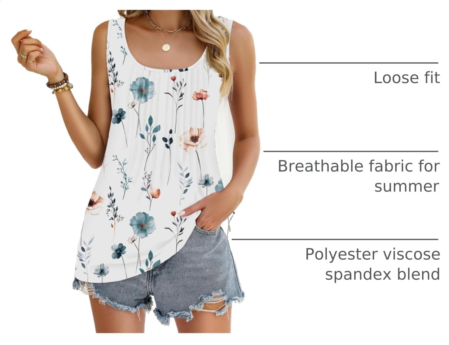 image:imageZeagoo Womens Summer Tank Tops Pleated Square Neck Flowy Tunic TopBlue Flower