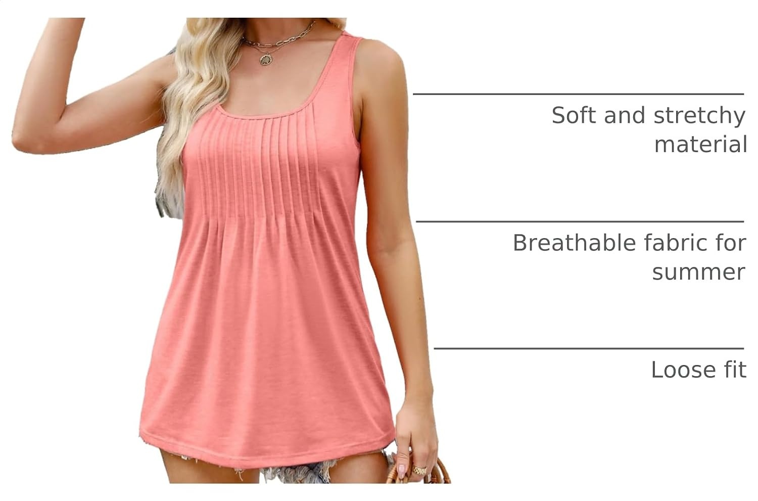 image:imageZeagoo Womens Summer Tank Tops Pleated Square Neck Flowy Tunic TopCoral