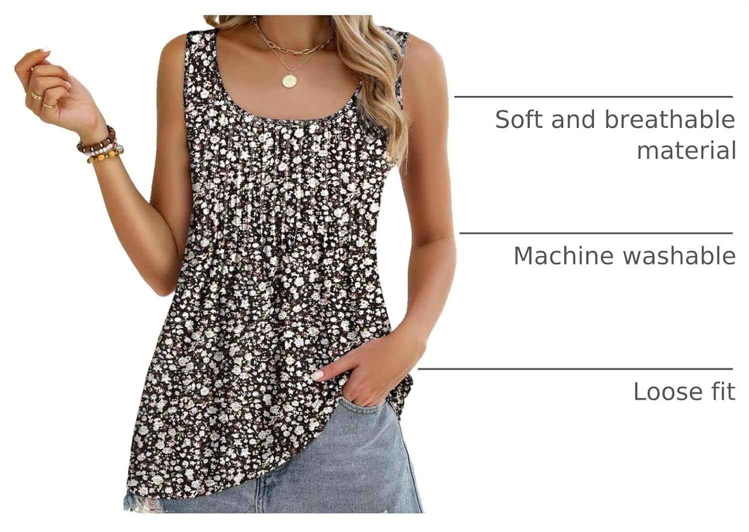 image:imageZeagoo Womens Summer Tank Tops Pleated Square Neck Flowy Tunic TopFloral Black