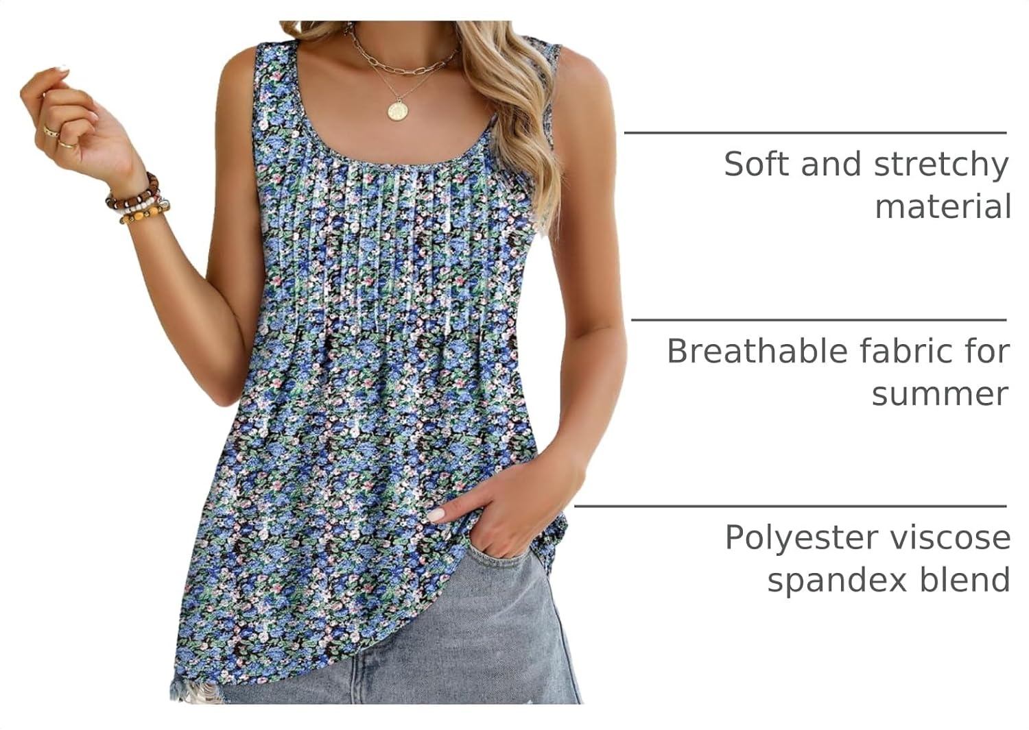 image:imageZeagoo Womens Summer Tank Tops Pleated Square Neck Flowy Tunic TopFloral Blue