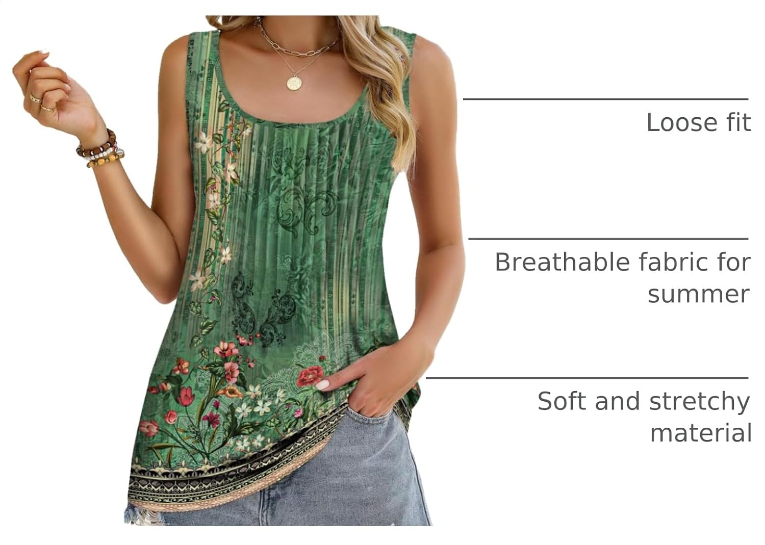 image:imageZeagoo Womens Summer Tank Tops Pleated Square Neck Flowy Tunic TopFloral Green