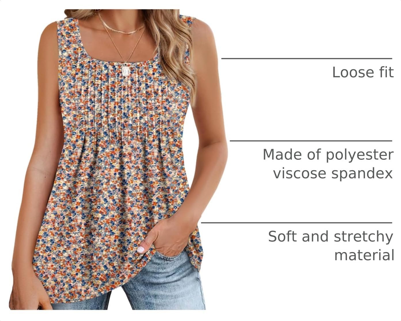 image:imageZeagoo Womens Summer Tank Tops Pleated Square Neck Flowy Tunic TopFloral Pink