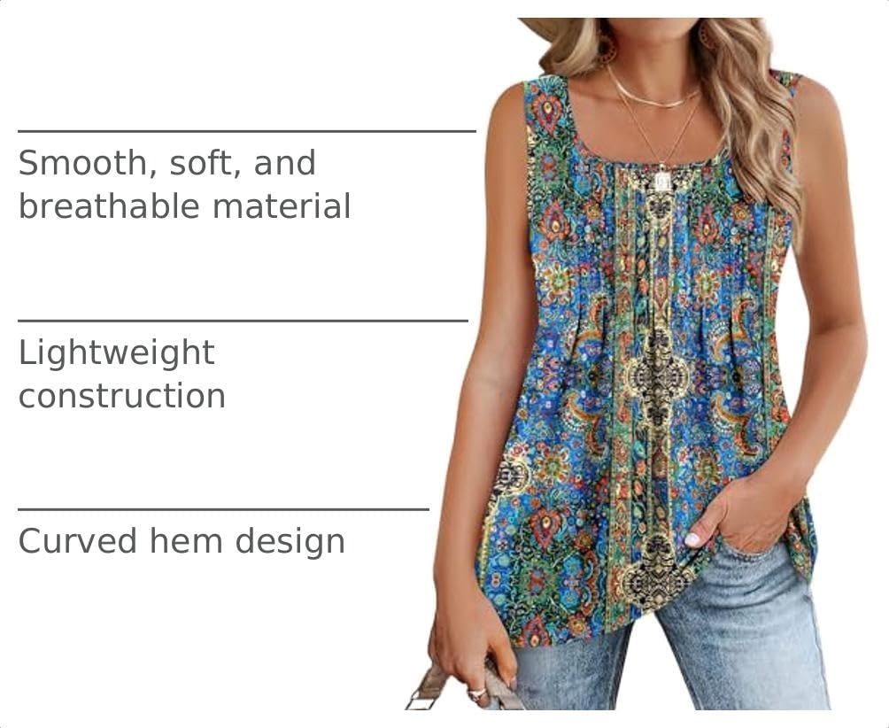 image:imageZeagoo Womens Summer Tank Tops Pleated Square Neck Flowy Tunic TopMz779