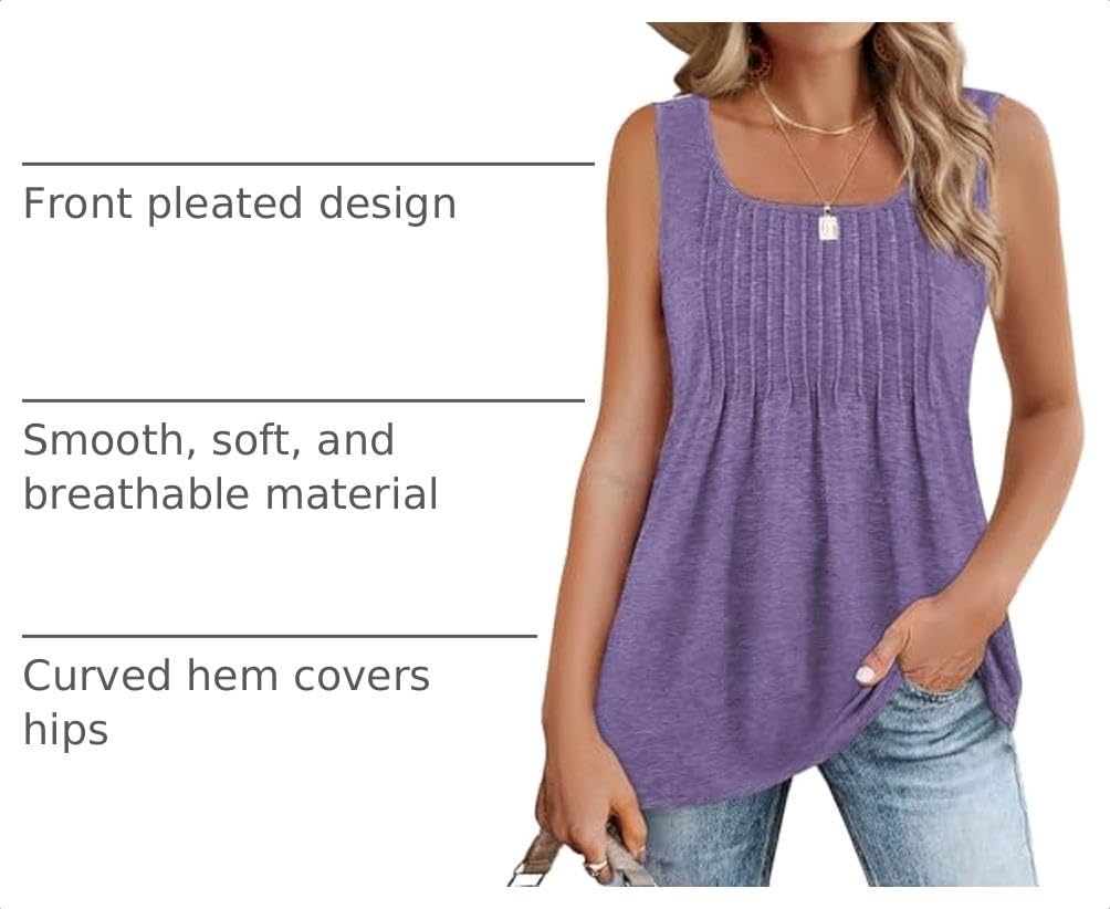image:imageZeagoo Womens Summer Tank Tops Pleated Square Neck Flowy Tunic TopPurple
