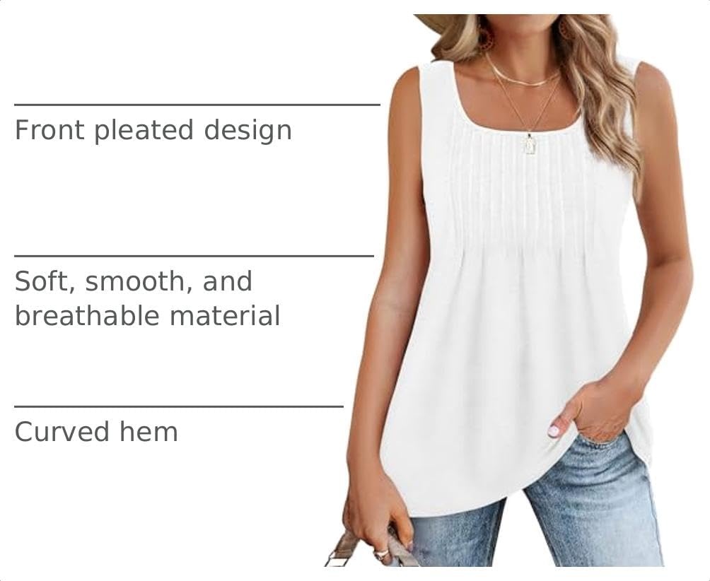 image:imageZeagoo Womens Summer Tank Tops Pleated Square Neck Flowy Tunic TopWhite