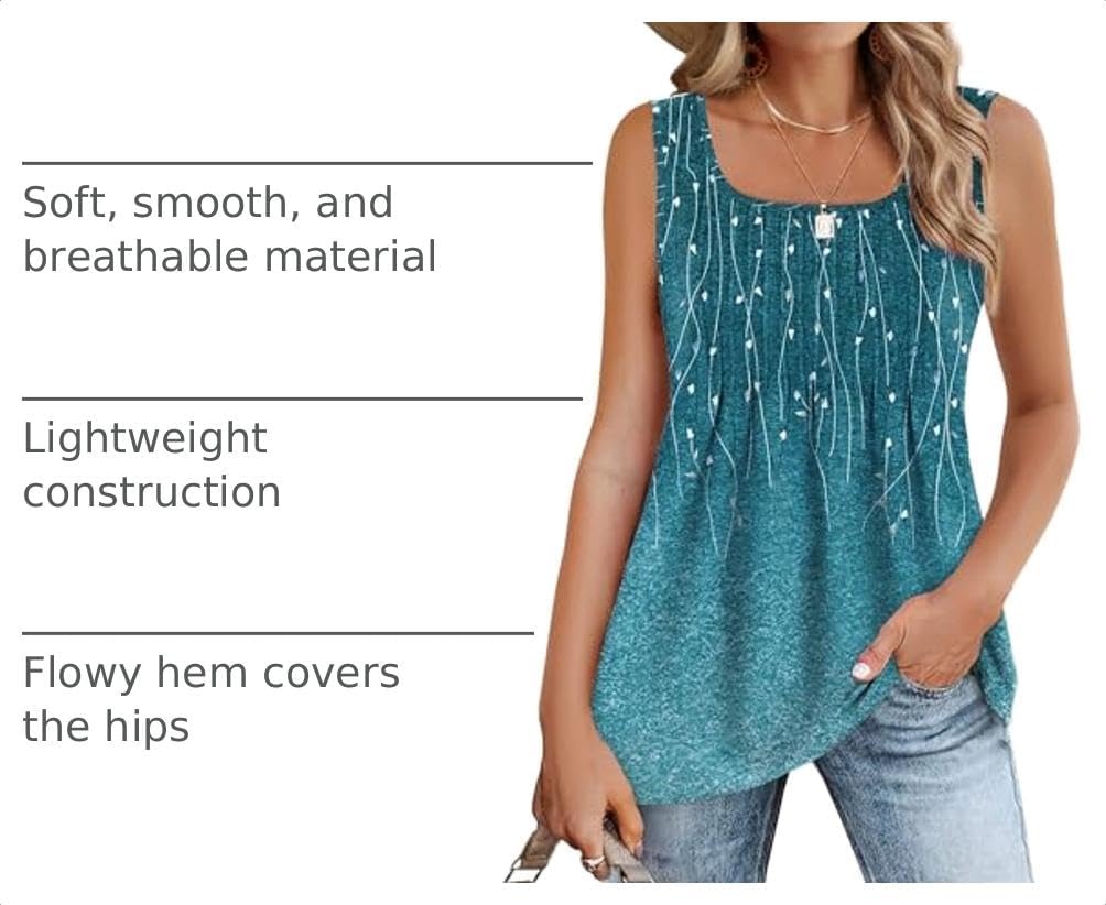 image:imageZeagoo Womens Summer Tank Tops Pleated Square Neck Flowy Tunic TopXh363