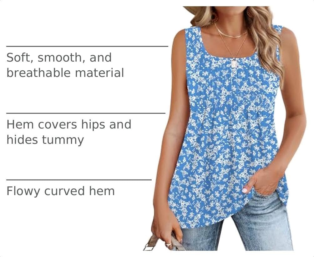 image:imageZeagoo Womens Summer Tank Tops Pleated Square Neck Flowy Tunic TopXh41
