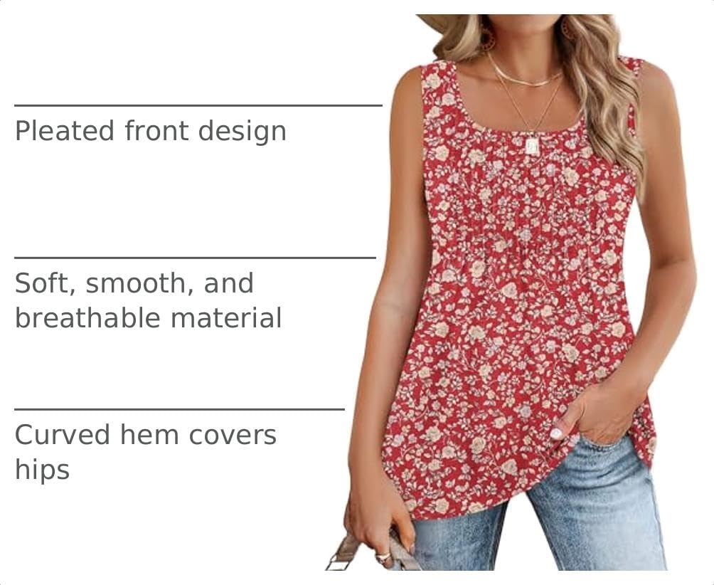 image:imageZeagoo Womens Summer Tank Tops Pleated Square Neck Flowy Tunic TopXh546