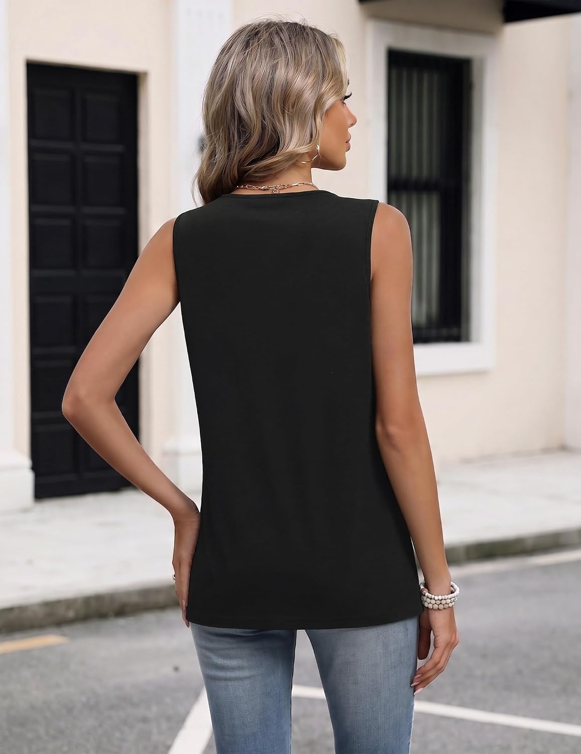 image:imageZeagoo Womens Tank Tops 2026 Sleeveless Pleated V Neck Loose Fit Summer Clothes Flowy Boho ShirtsBlack
