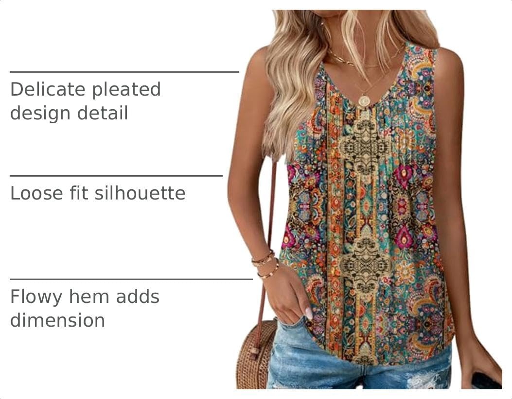image:imageZeagoo Womens Tank Tops 2026 Sleeveless Pleated V Neck Loose Fit Summer Clothes Flowy Boho ShirtsFloral Mz721